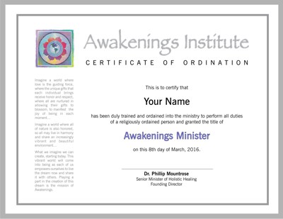 Awakenings' Ordination Certificate